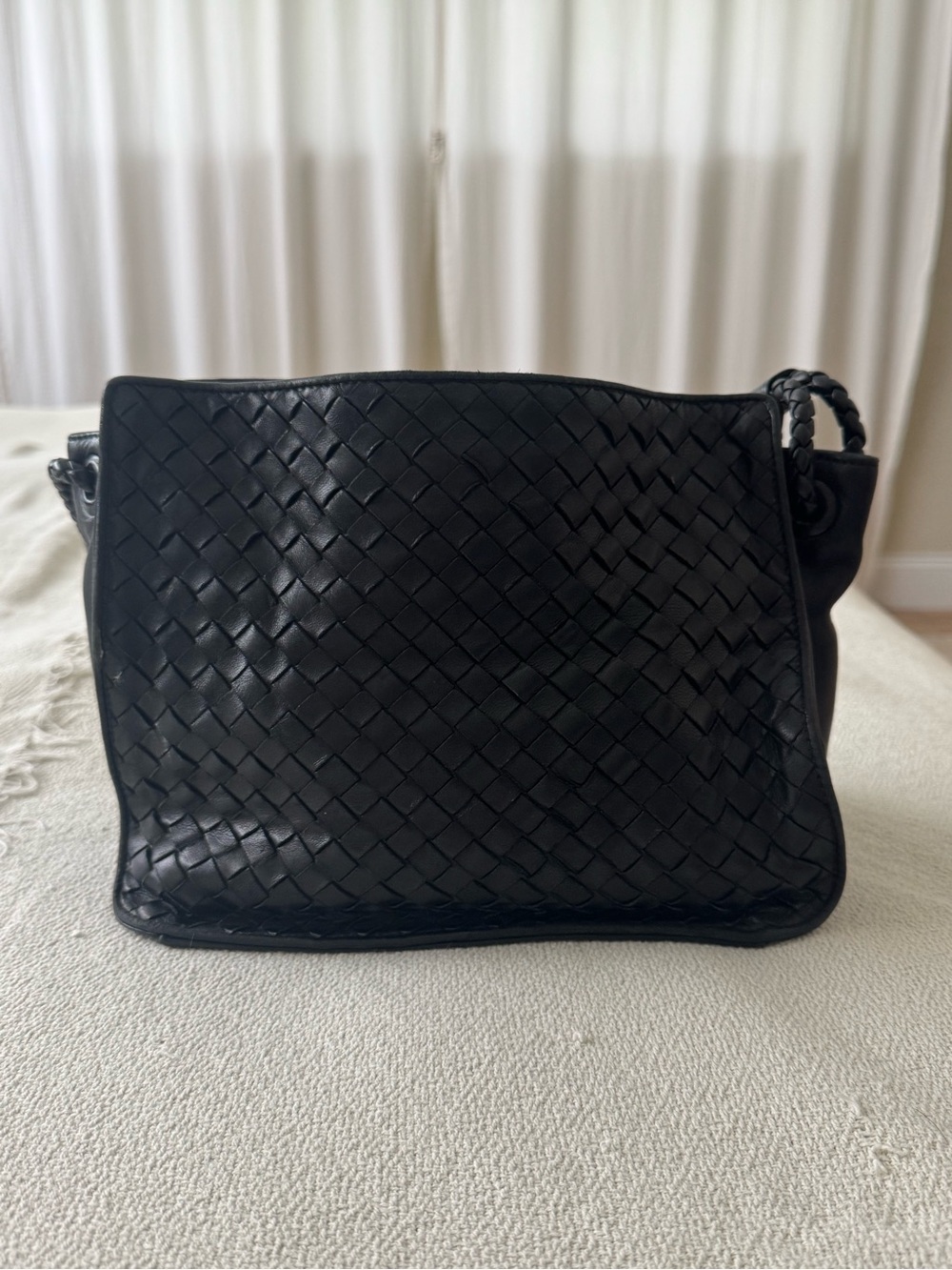 Bottega Venetia Black Intrecciato Woven Shoulder Bag.